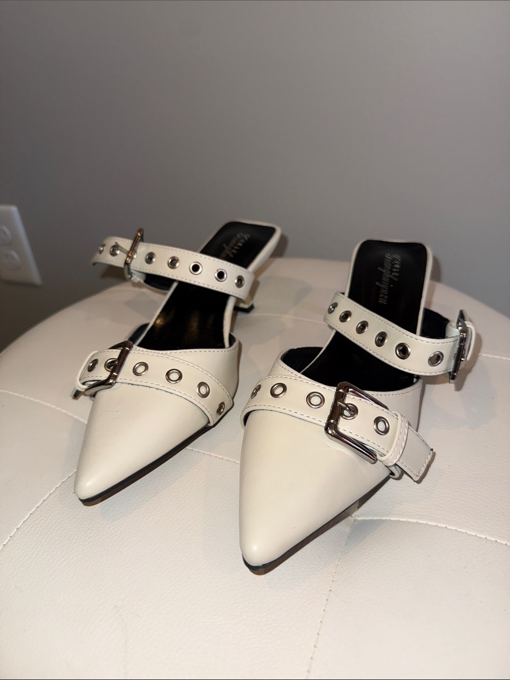 White Pointed Toe Buckle Mule with Grommet Straps